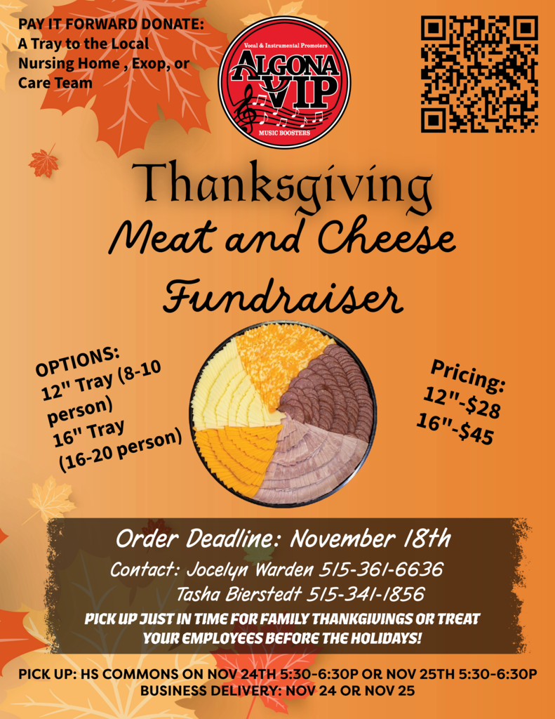 Flyer with orange background. Text reads "Thanksgiving Meat and Cheese Fundraiser". Options are listed. QR code is present.