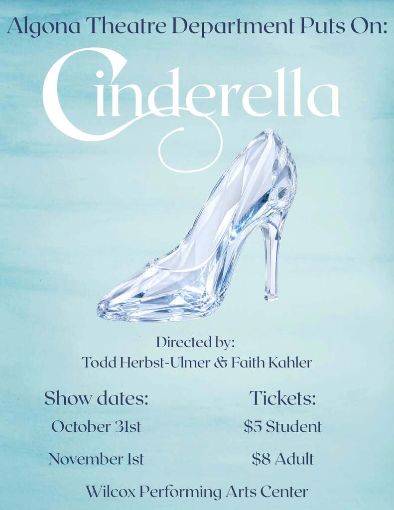 Blue background. Glass slipper in center. Text "Cinderella" above slipper. Show dates, ticket prices, and venue.
