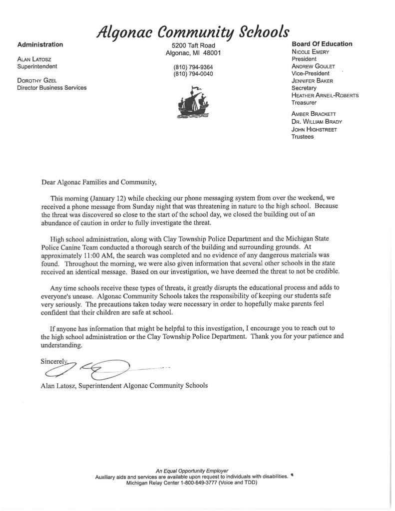 Letter from superintendent