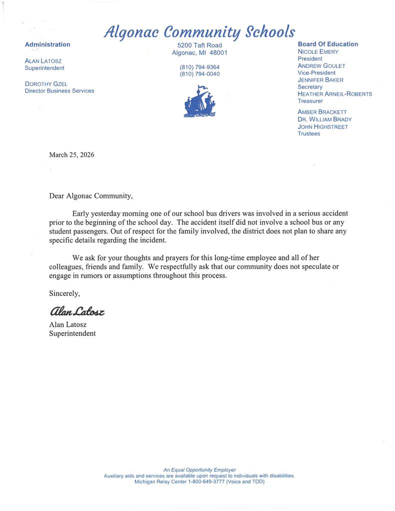 Algonac Community Schools Update - March 25, 2026