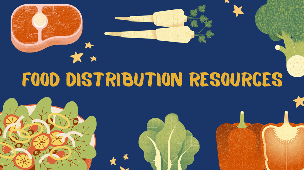 Graphic with vegetables and steak with title Food Distribution Resources