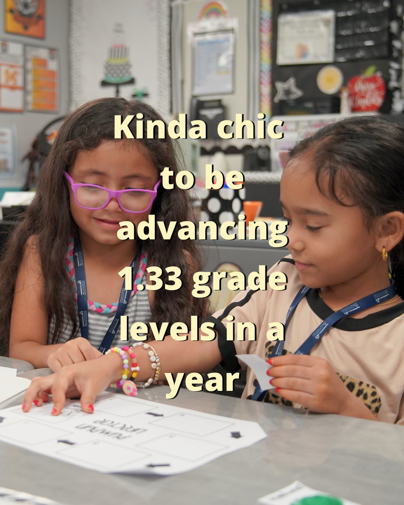 Image of two children doing school work. Text overlayed on the image reads, "Kinda chic to be advancing 1.33 grade levels in a year"