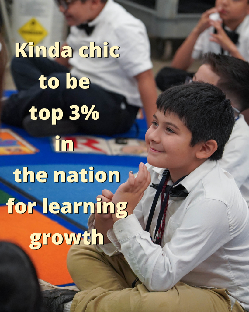 Image of a kid in uniform sitting down looking to the left of the image. Text overlayed on the image reads, "Kinda chic to be top 3% in the nation for learning growth"