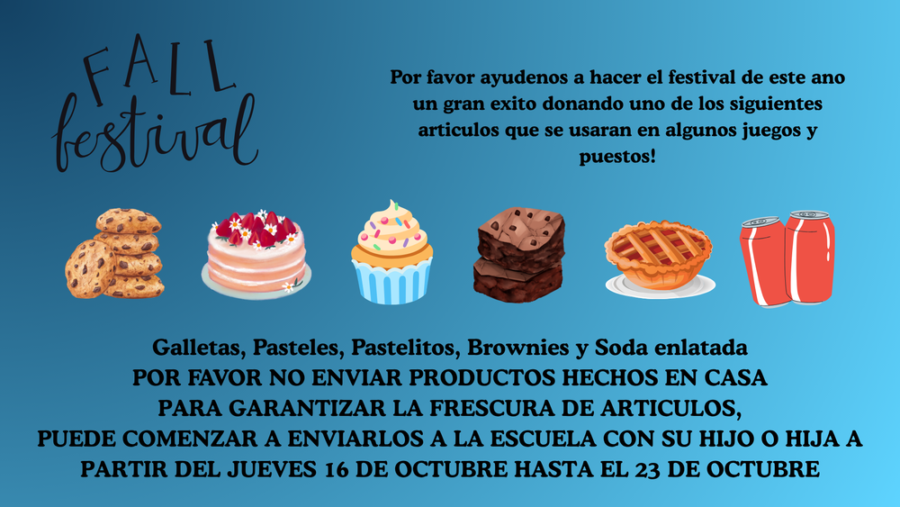 Por favor ayudenos a hacer el festival de este ano un gran exito donando uno de los siguientes articulos que se usaran en algunos juegos y puestos!