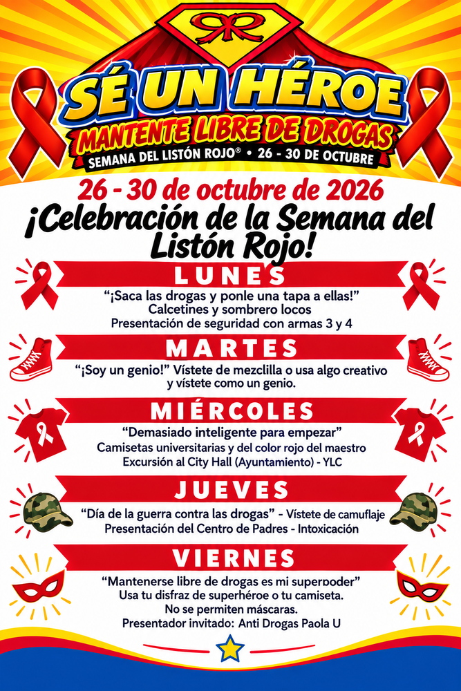 Flyer in yellow, red, white, and blue with icons of red ribbons