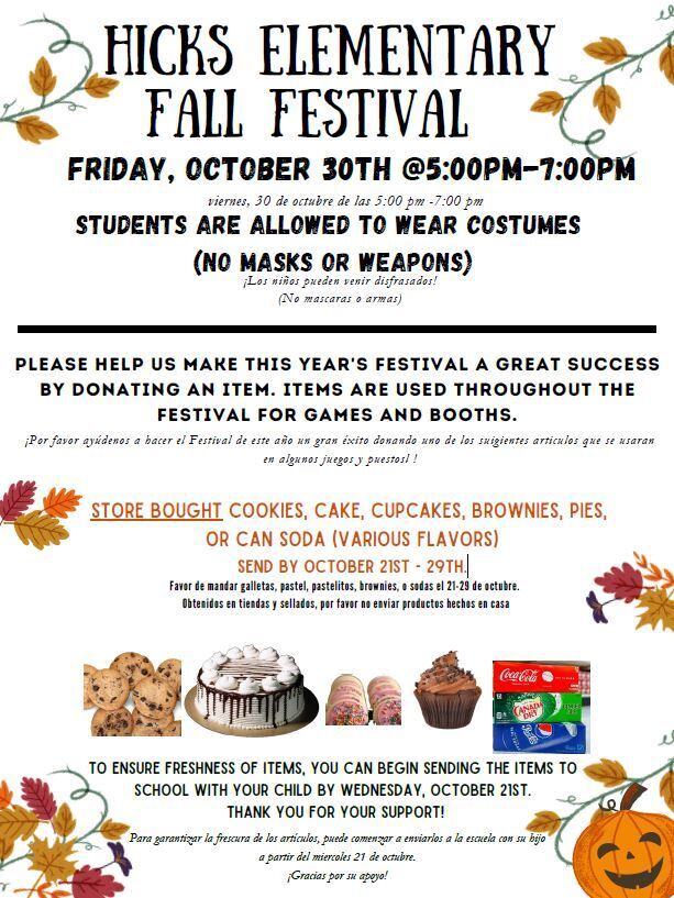 white flyer with cupcakes, autumn leaves, cake, cookies, a jackolantern, etc