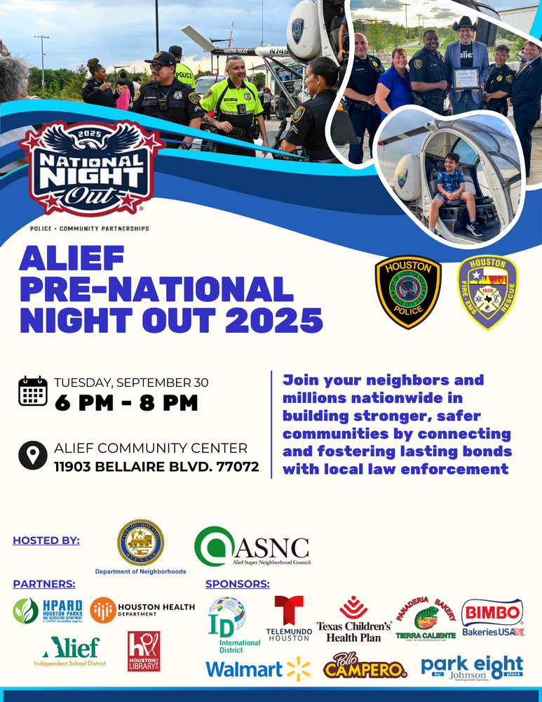 Alief Pre-National Night Out September 30, 6 pm to 8 pm