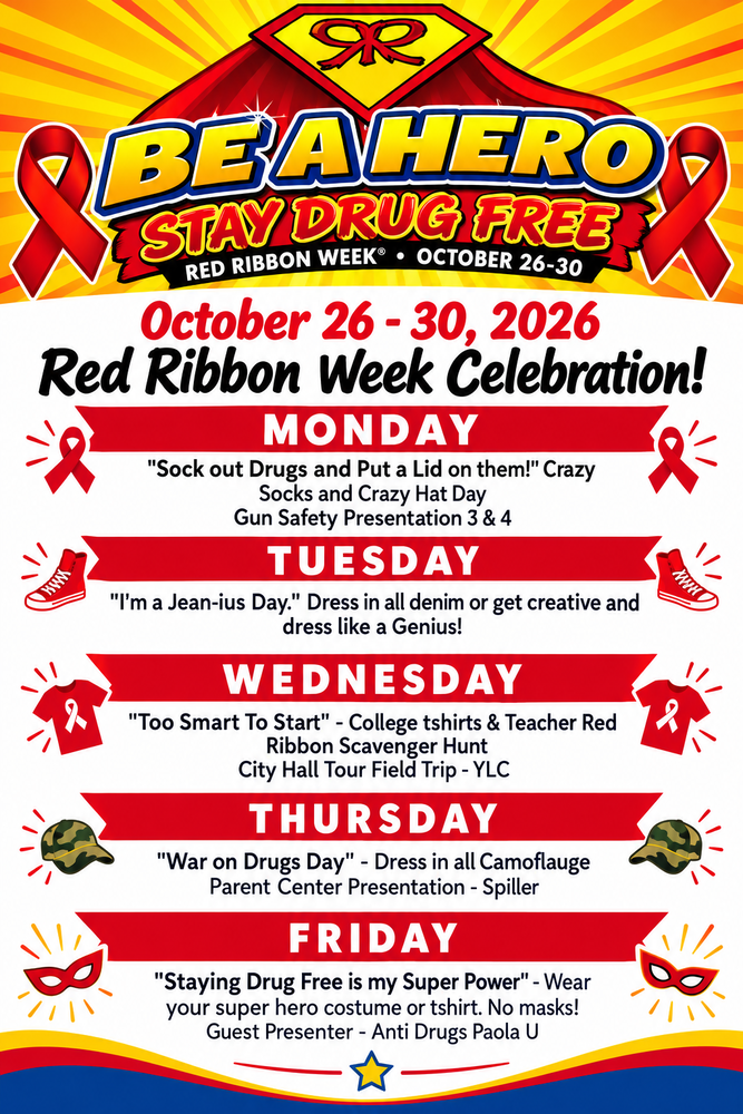 Flyer in yellow, red, white, and blue with icons of red ribbons
