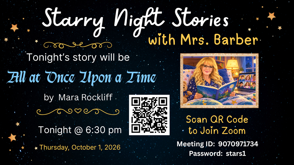 Black background with stars with a blonde smiling woman with information about the event