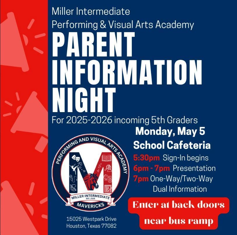 Miller Intermediate Parent Information Night on Monday May 5th at 5:30 p.m.