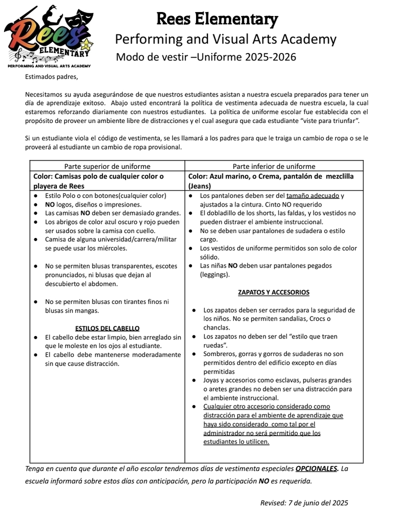 2025-2026 Dress Code Policy in Spanish