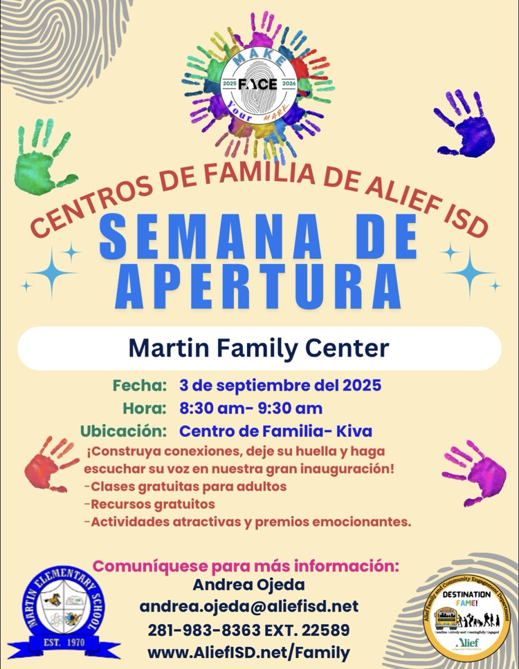 Centros de familia de Alief ISD. Semana de apertura. fecha: 3 de septiembre del 2025. hora: 8:30-9:30am. ubicación: centro de familia- kiva
