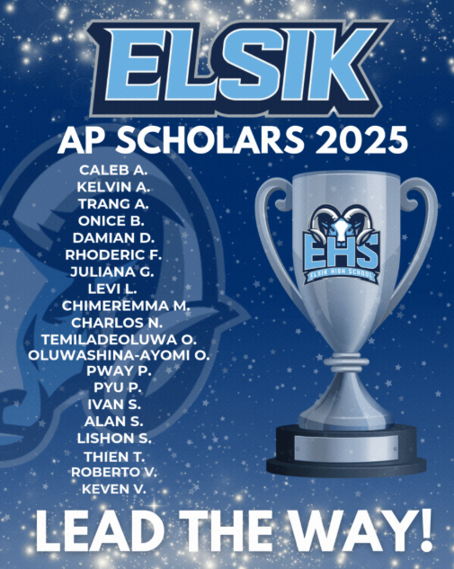 Elsik AP Scholars 2025 Poster Featuring Students' Names and a Trophy