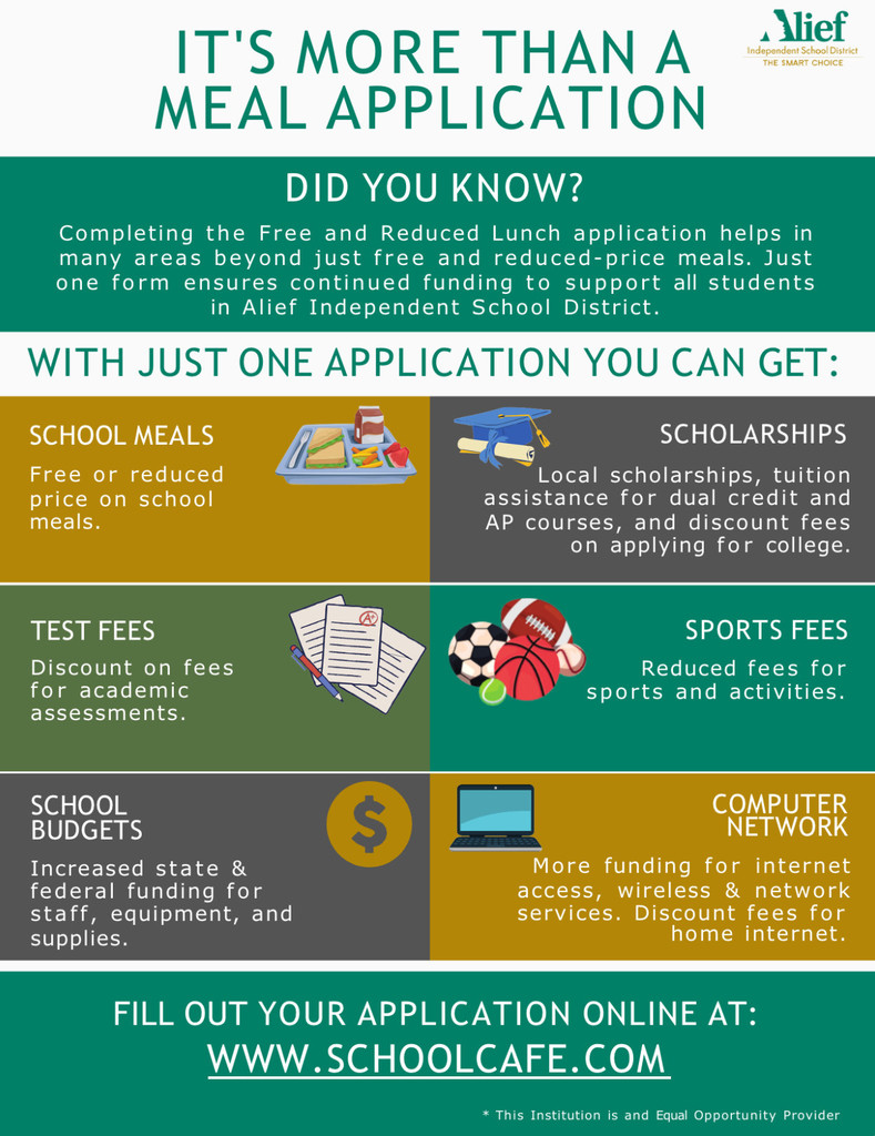 🍎🥪 It’s more than a meal app! Completing the Free & Reduced Lunch application helps with meals, test fees, scholarships, sports, and more! 🏫💻 ✅ Apply today at www.schoolcafe.com  #OnePackOnePurpose #AllInAlief