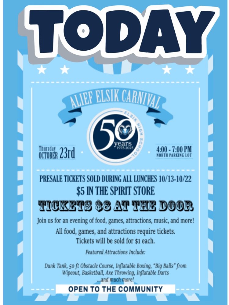 π Excitement is building, Rams! π Join us for Elsikβs 50th Year Carnival in the North Parking Lot β a celebration of 50 years of excellence, fun, and Ram pride! ππ #Elsik50 #RamPride #ElsikExcellence