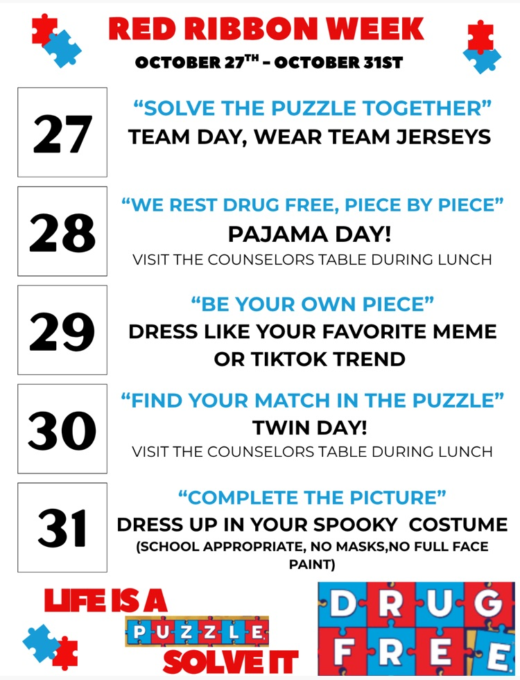 Red Ribbon Week | Oct 27β31 Rams stand strong for healthy choices and a bright future. We are too great to let drugs determine our futures! πͺβ€οΈ #RedRibbonWeek #RamsLeadTheWay