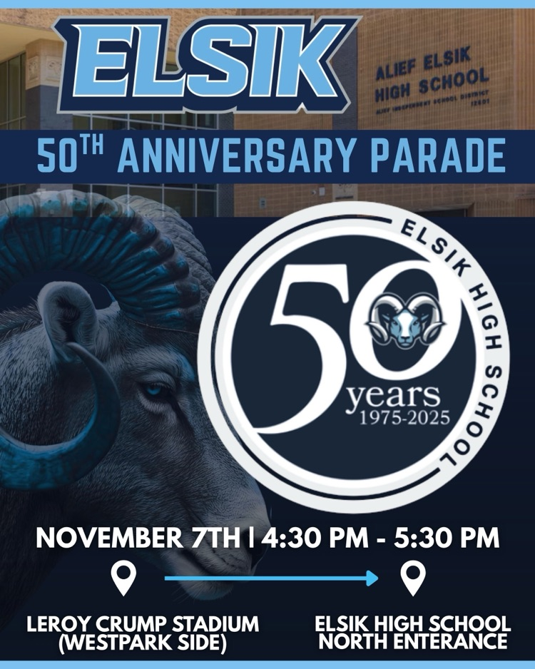Join us for the Elsik 50th Anniversary Parade on Thursday, November 7th from 4:30β5:30 PM! Letβs fill the streets with school spirit, energy, and the BEST community in Alief! πππ€ #Elsik50 #RamPride #WeAreElsik