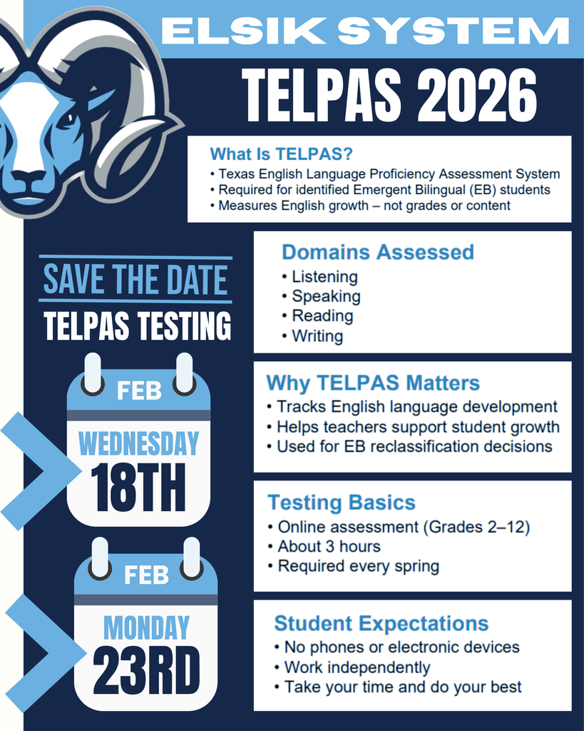 It’s almost TELPAS time at Elsik High School. On February 18 and 23, Elsik System students will show what they know and how far they’ve come. Stay focused, give your best effort, and represent Ram Nation with pride. Show up and show out, Rams! #RamNation