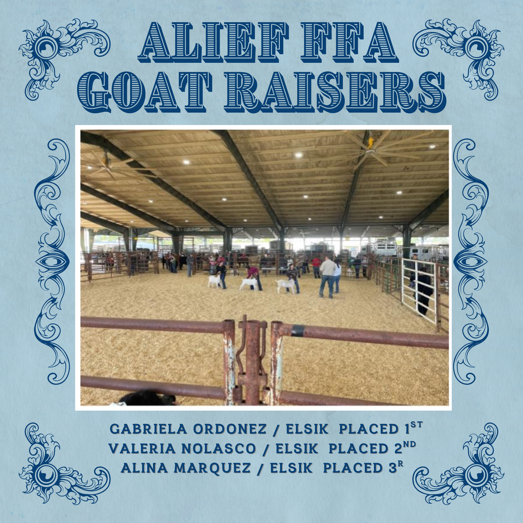  The Alief FFA Goat raisers for the 2025-26 school year participated in the New Caney Progress show on Sunday, December 11th, and performed well. Please congratulate these students on a job well done!   Gabriela Ordonez  / Elsik   Placed 1st                                                         Valeria Nolasco  / Elsik   Placed 2nd  Alina Marquez  /  Elsik   Placed 3rd