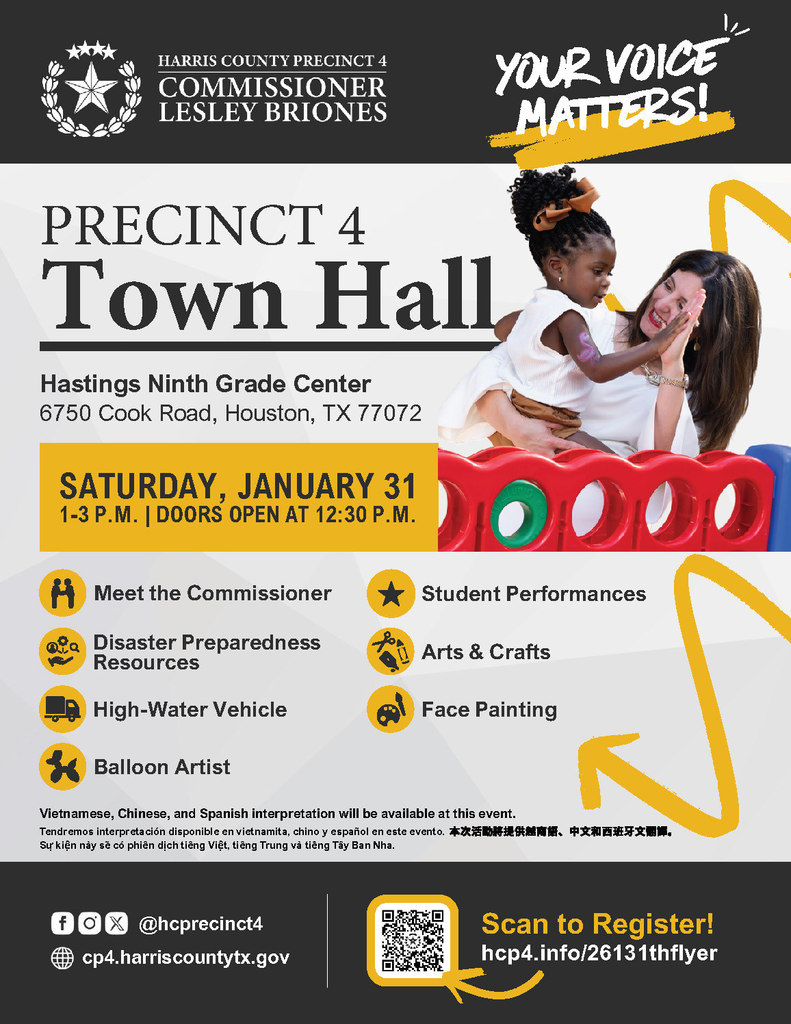 Commissioner Leslie Briones Precinct 4 Town Hall flyer in English 