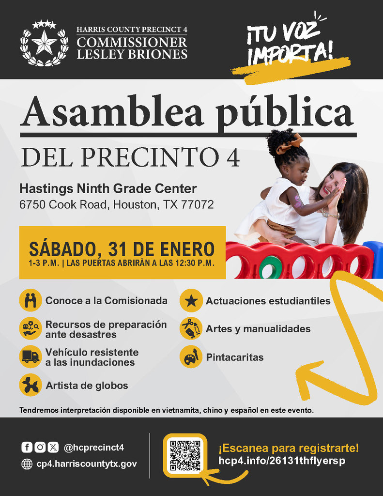 Commissioner Leslie Briones Precinct 4 Town Hall flyer in Spanish 