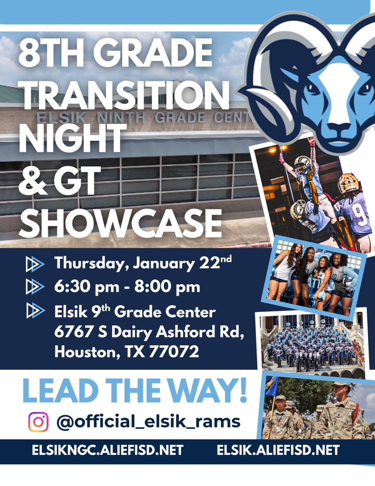 Save the Date ✅  January 22nd is 8th Grade Transition Night at ENGC! Join us to learn about all the great things Elsik has to offer.  We’re excited to meet our future Rams!  Click here - https://bit.ly/elsik8thnight #LeadtheWAY #OpenEnrollment
