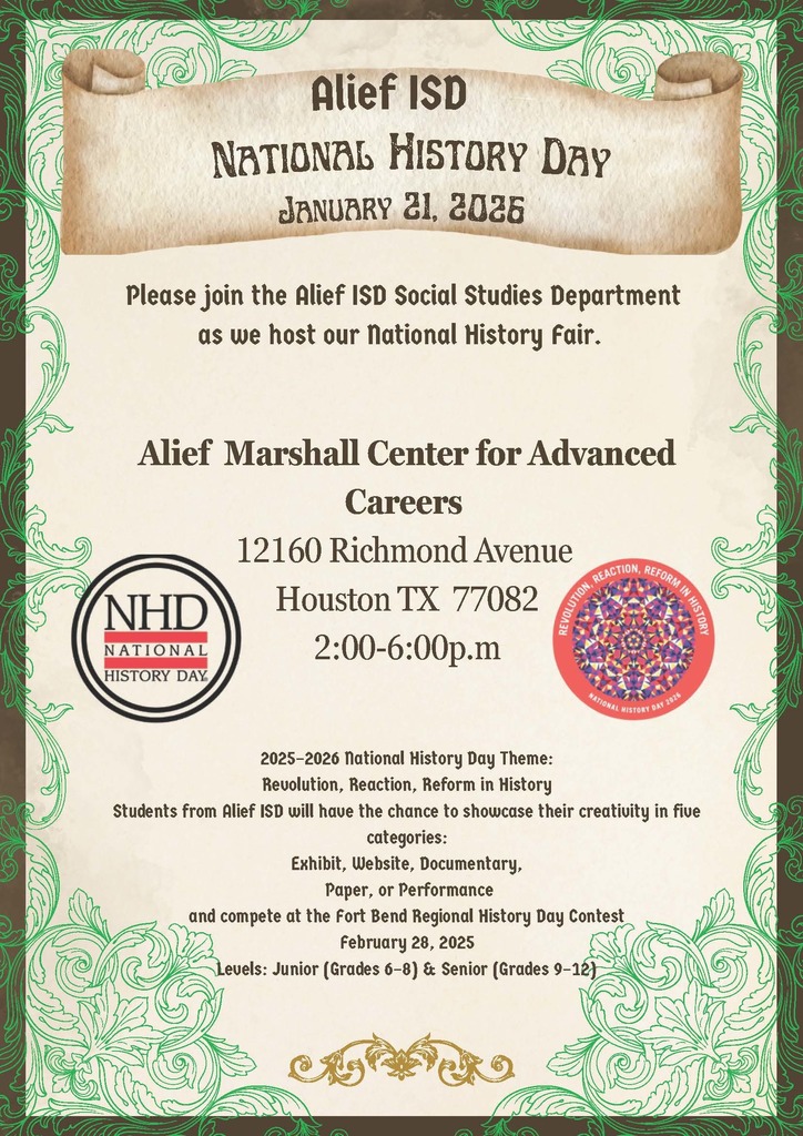 Alief ISD students will showcase their creativity at National History Day on January 21, 2026. Projects include exhibits, documentaries, performances, websites, and papers focused on Revolution, Reaction, and Reform in History. 2:00–6:00 p.m.