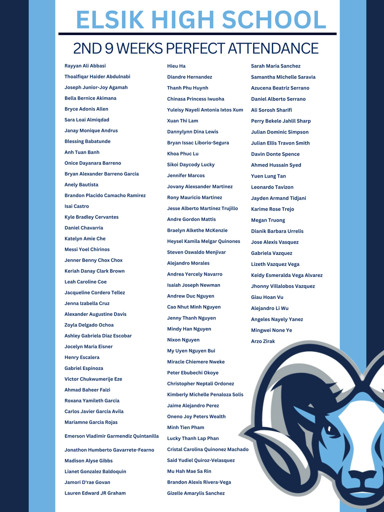 Perfect Attendance Recognition Congratulations to the ENGC students who earned Perfect Attendance for the 2nd 9 Weeks. Your commitment to being present every day demonstrates responsibility, perseverance, and dedication to your education. #ElsikHighSchool #PerfectAttendance