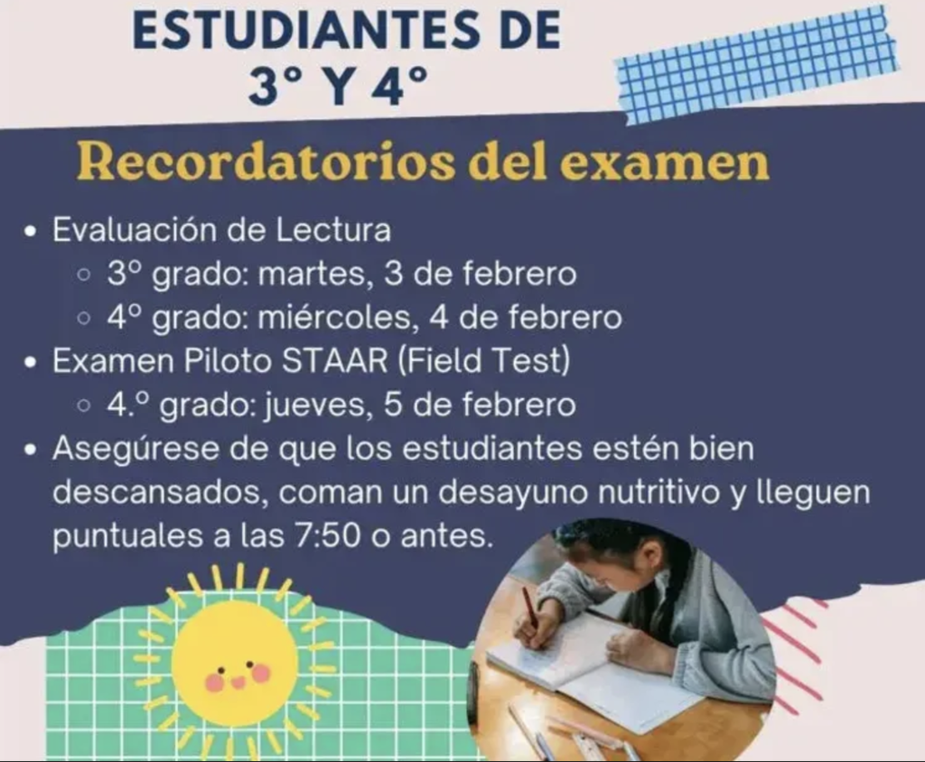 3rd and 4th grade students - Interim Test Reminders. Reading Interim: 3rd Tuesday February 3rd, 4th Wednesday February 4th. STARR Field Test: 4th Thursday February 5th.