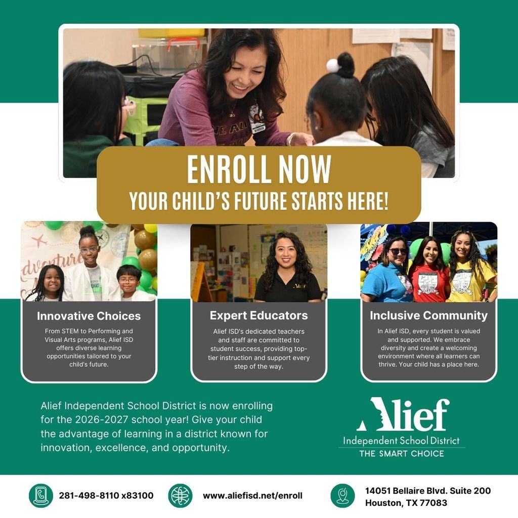 Alief ISD Enrollment Flyer for 2026-2027 School Year-Englsh 