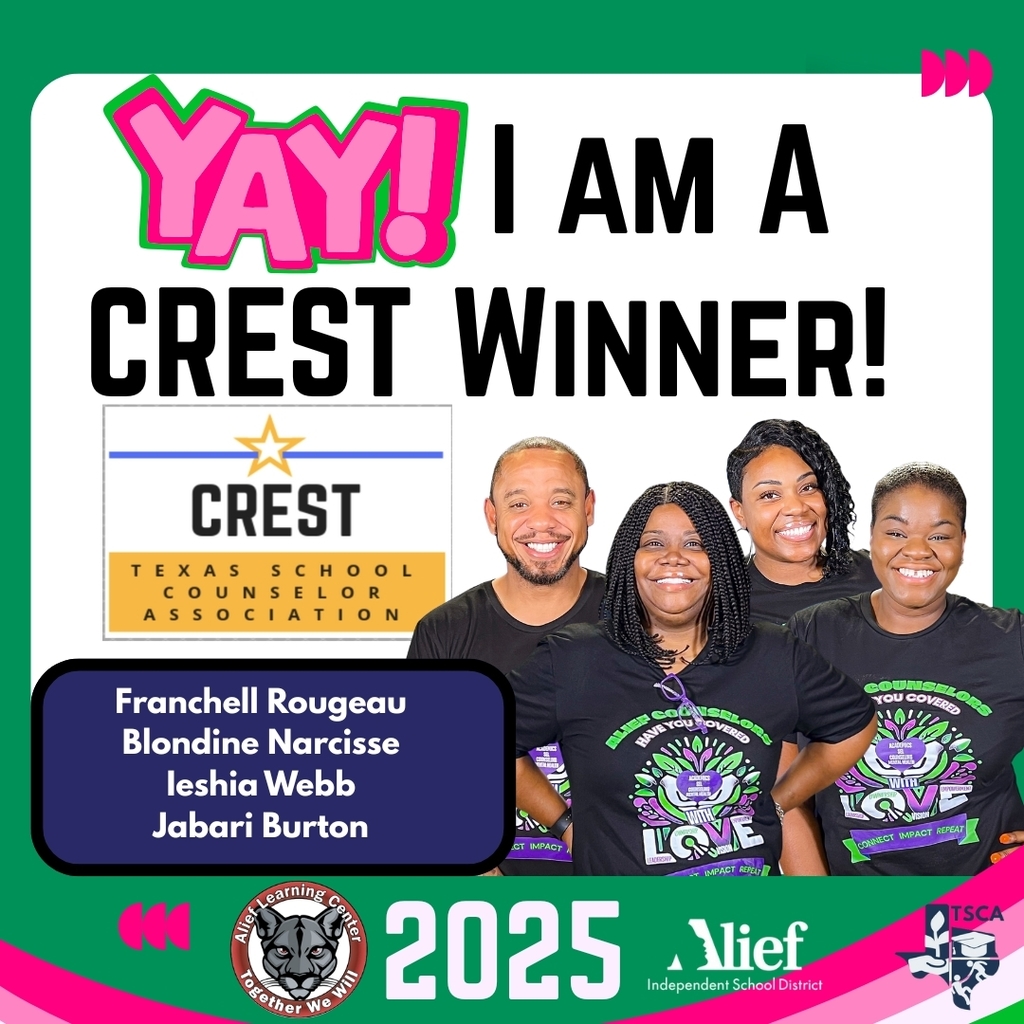 A group of people is posing for a photo, celebrating their achievement as Crest winners. They are associated with the Texas School Counselor Association, and notable individuals in the photo include Franchell Rougeau, Blondine Narcisse, Leshia Webb, and Jabari Burton. The atmosphere is joyful and they are dressed appropriately for the occasion.