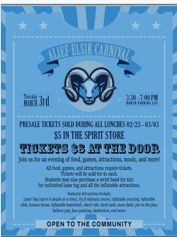 🎡 Join us at the Alief Elsik Carnival! 🎉 🗓 Tue, March 3 ⏰ 3:30–7:00 PM | North Parking Lot 🎟 Presale $5 | $8 at the door Food, games, music & more! Open to the community 🐏✨