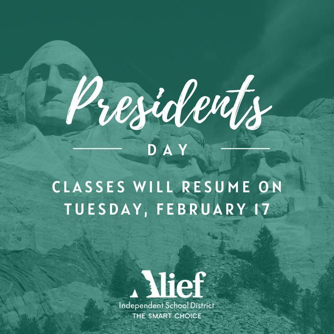 Poster with green background, image of Mount Rushmore, and text about Presidents Day and classes resuming.