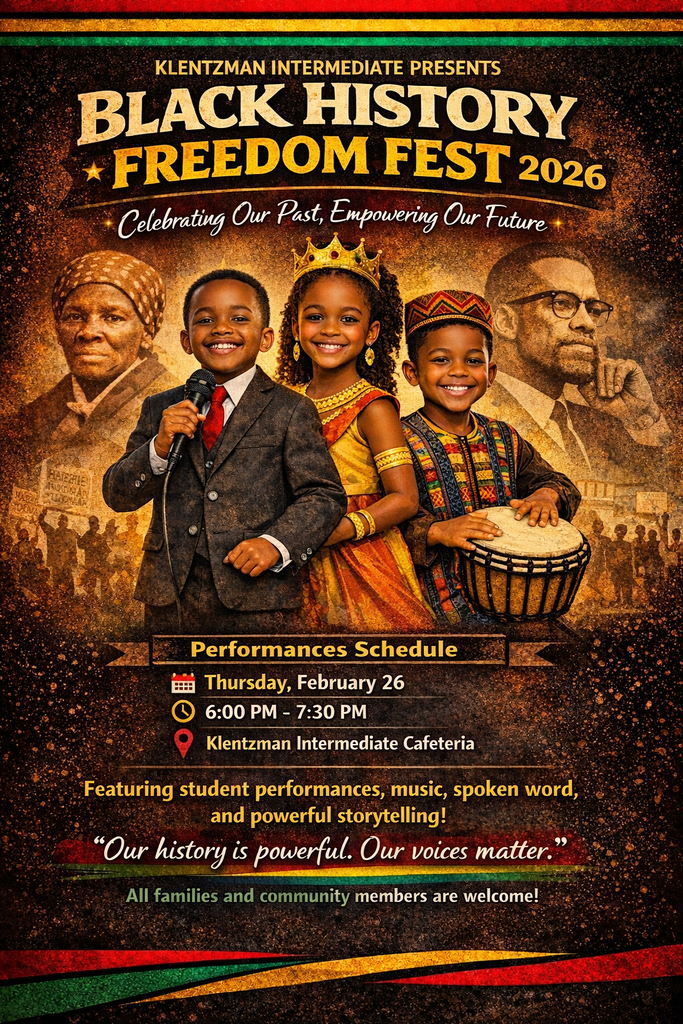Black History Freedom Fest 2026 flyer with children, adults, instruments, and event details. Background includes African-American figures.