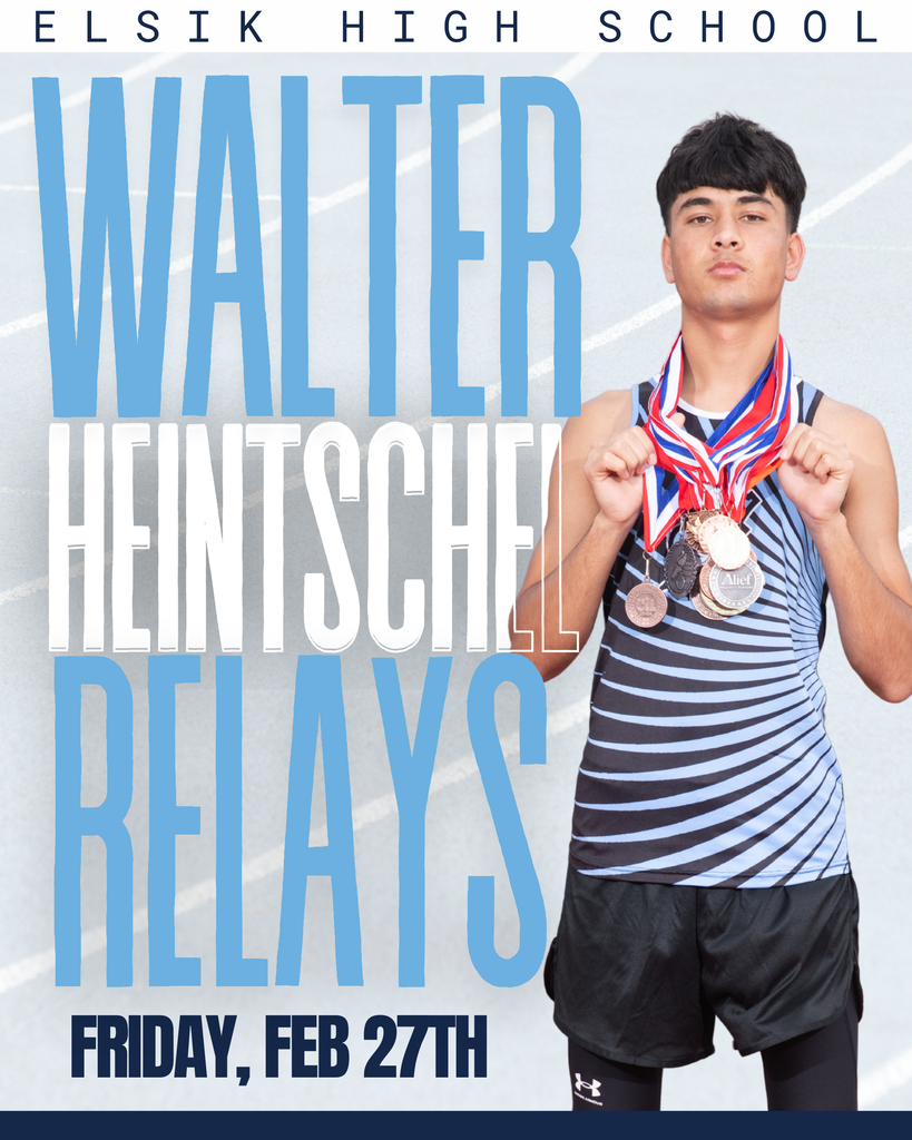 A man with medals stands in front of white and blue background, text reads "Walter Heintschel Relays, Friday, Feb 27th".