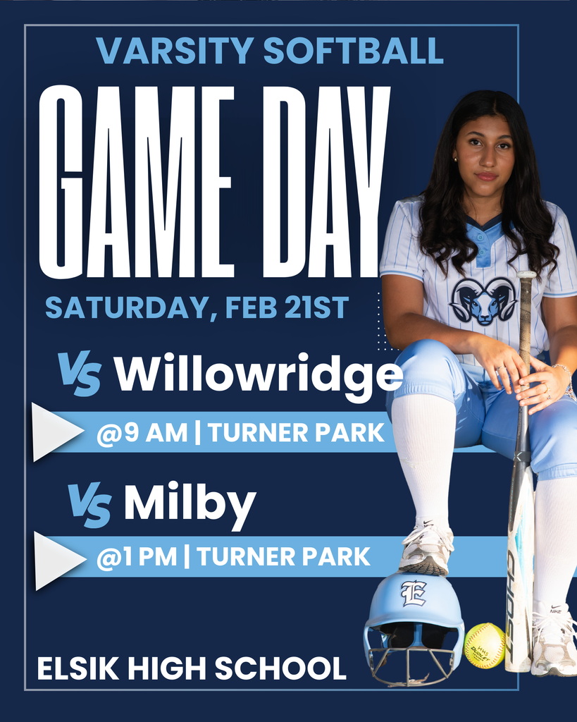Poster for varsity softball game day on Feb 21st. It features a player holding a bat.
