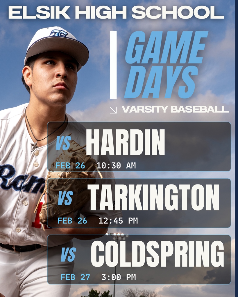 🔥⚾ GAME DAYS AHEAD! ⚾🔥 Elsik Varsity Baseball takes the field for a big week! 📅 Feb 26 — vs Hardin at 10:30 AM 📅 Feb 26 — vs Tarkington at 12:45 PM 📅 Feb 27 — vs Coldspring at 3:00 PM Let’s show up and rep Ram Nation! 💙🤍🐏 #ElsikBaseball #RamPride #GameDay