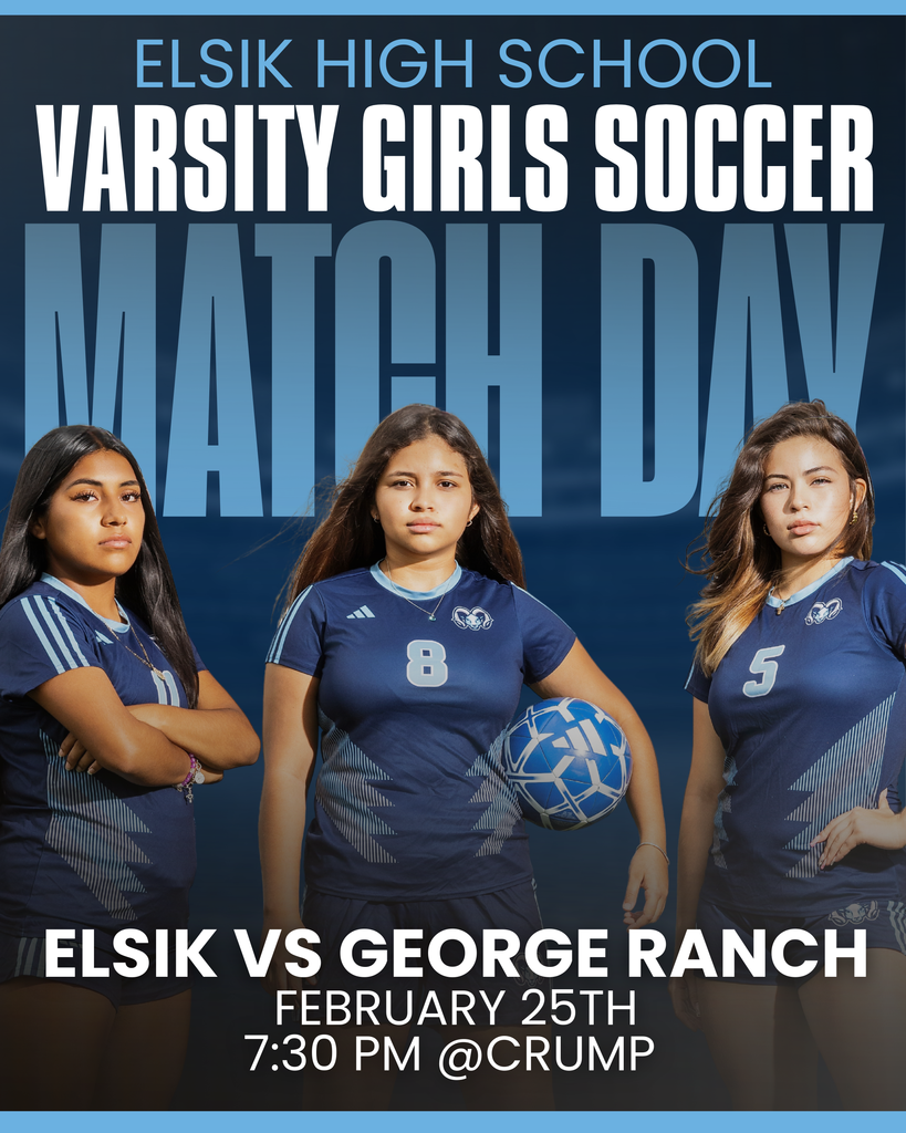 🔥⚽ MATCH DAY! ⚽🔥 Elsik Varsity Girls Soccer is back under the lights! 📅 February 25th 🆚 George Ranch ⏰ 7:30 PM @ Crump Let’s pack the stands, bring the energy, and cheer our Lady Rams to victory! 💙🤍🐏 #ElsikSoccer #LadyRams #MatchDay