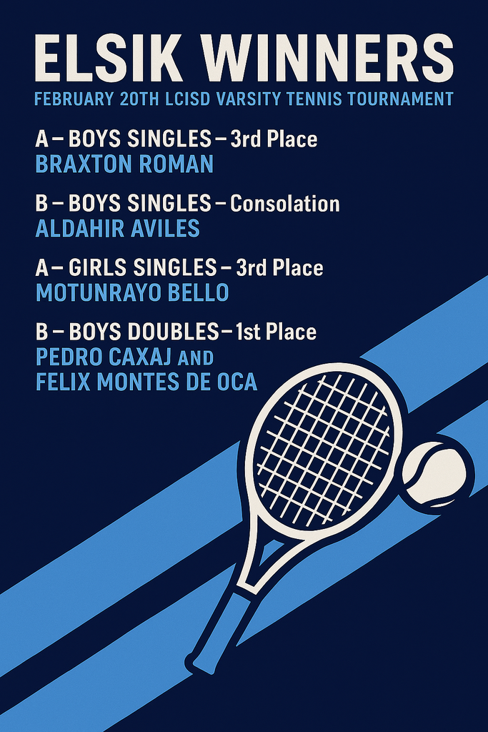 Tournament poster with a tennis racket and ball, winners' names, and a blue background.