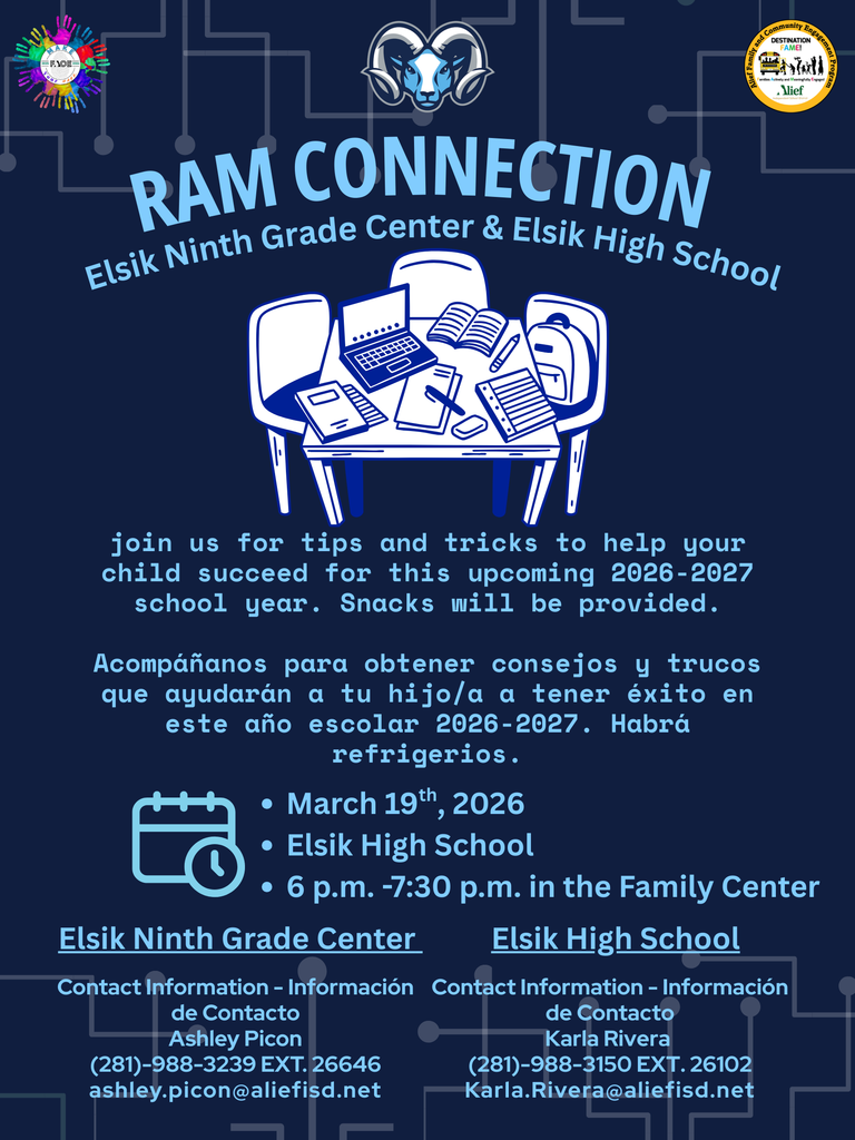 Blue background with a desk and computer. Text reads "RAM CONNECTION" with "Elsik Ninth Grade Center & Elsik High School." Contact info below.
