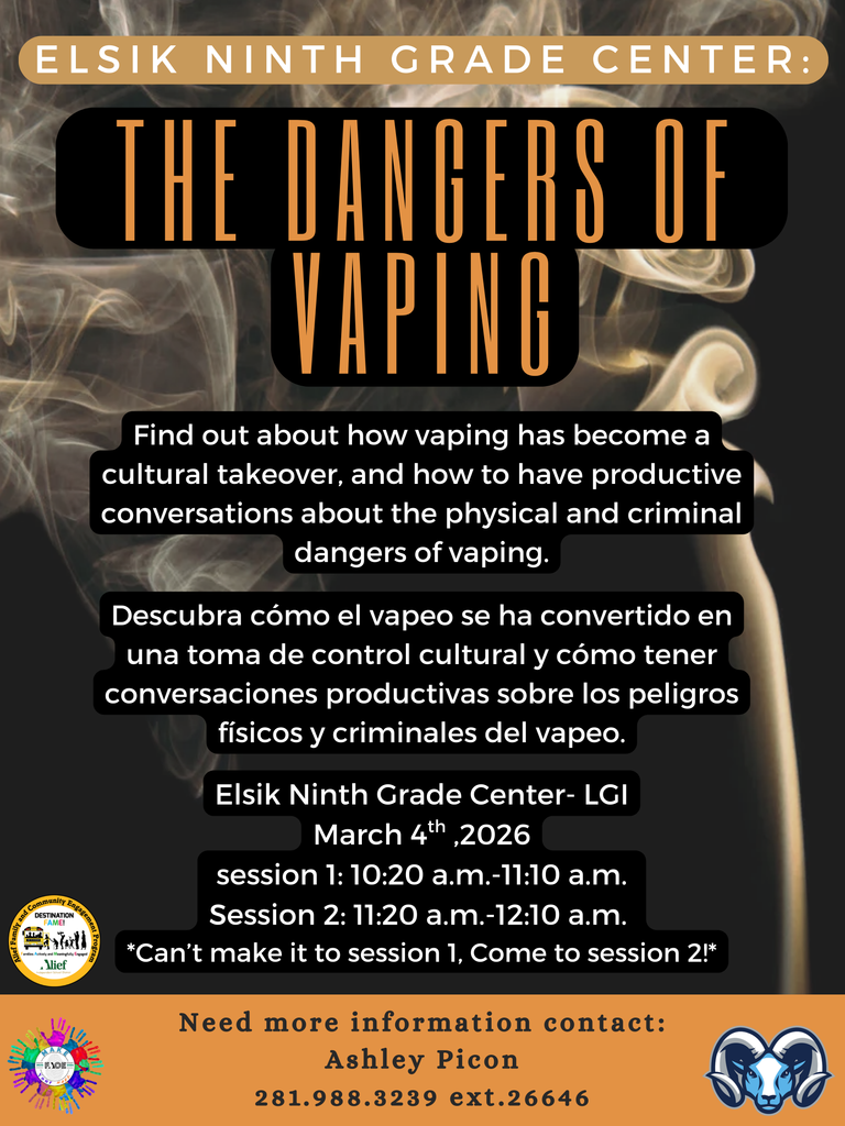 Poster with black and orange background. Text in white and black. Title: "The Dangers of Vaping." Sessions on March 4th and 5th. Contact information at bottom.