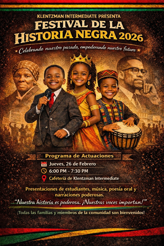 An event poster with children and adults, featuring a speech, drum, and text in Spanish.