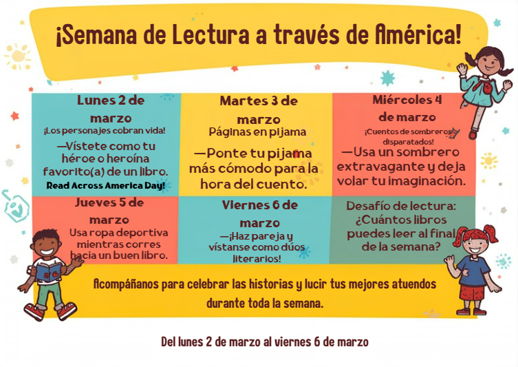 Poster with calendar for "Semana de Lectura a Través de América". It has dates and activities.