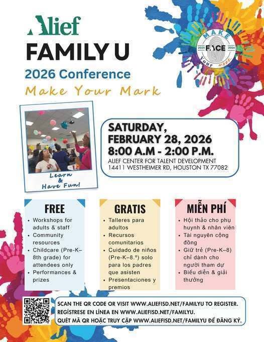 Flyer for the Alieef Family U 2026 Conference, with date, time, and location. Colorful paint splashes in background.