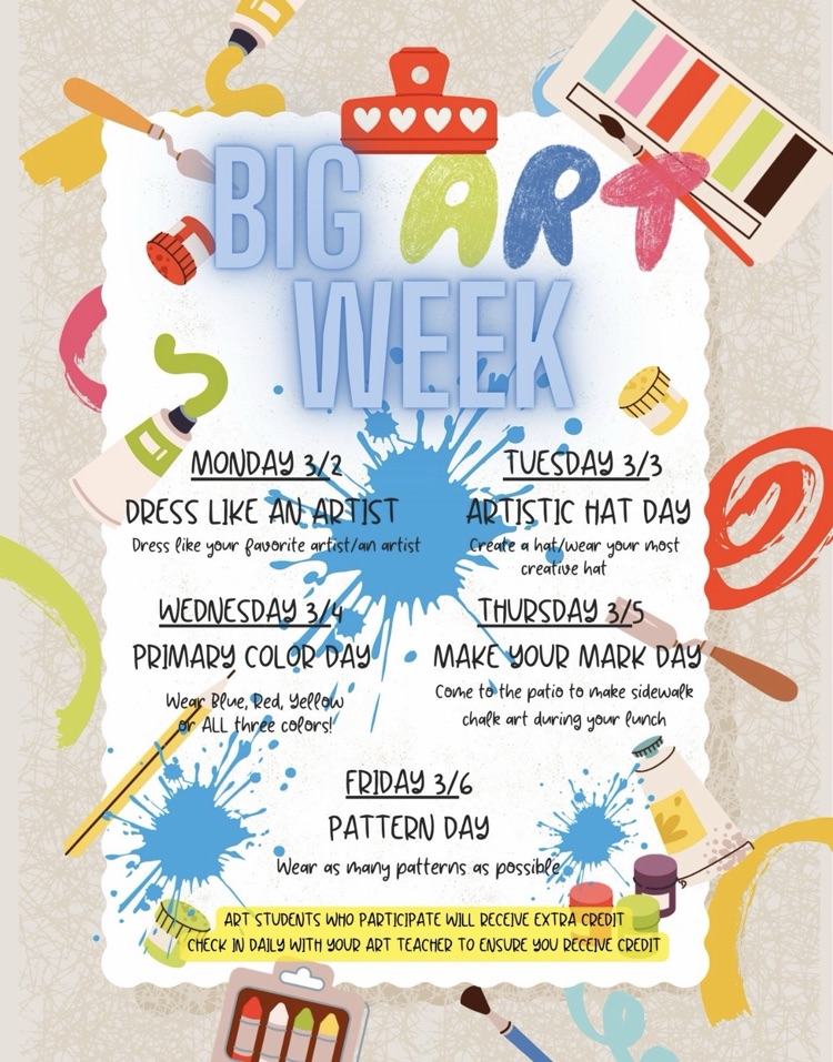 π¨ Elsik 9th Grade Center is turning creativity ALL the way up! Big Art Week is onβdress up, create, and earn extra credit! Letβs make some noise with art! #BigArtWeek #RamNation