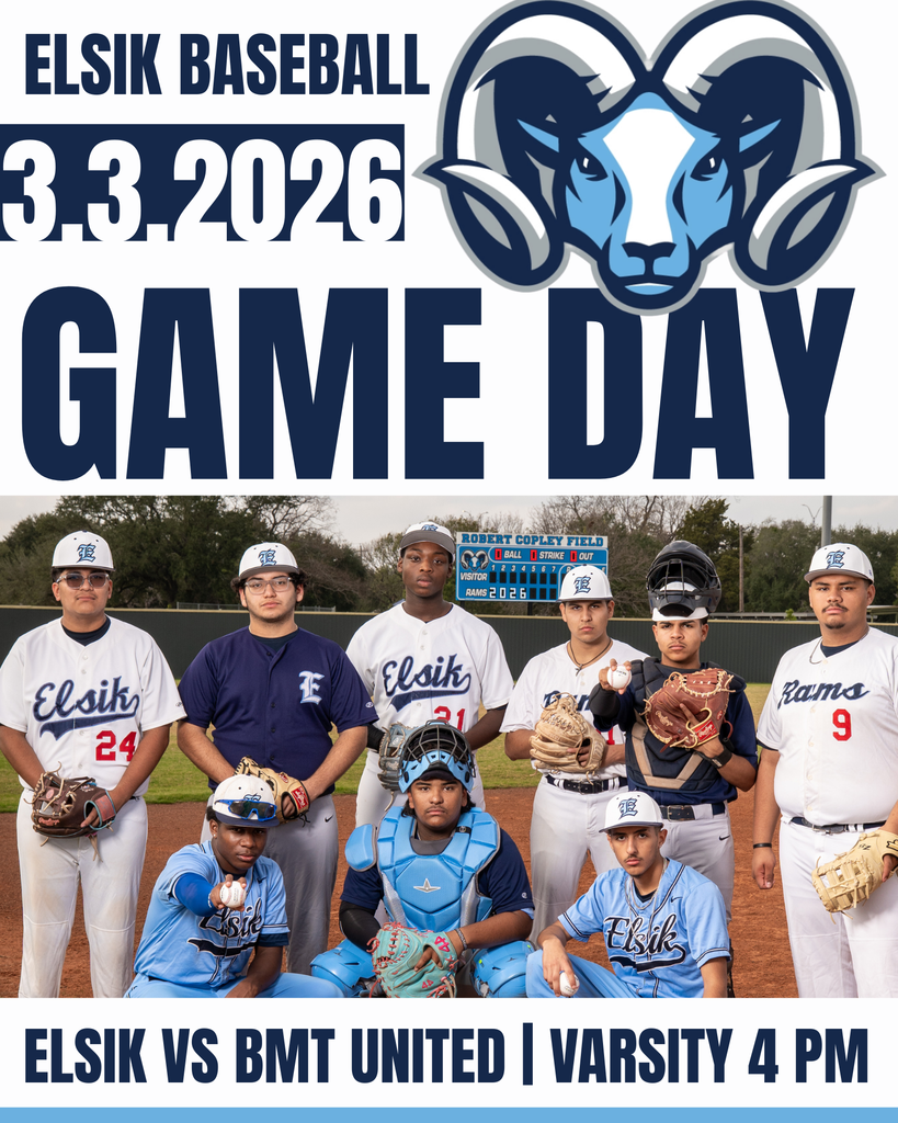 Poster for Elsik vs. BMT United varsity baseball game on March 3, 2026, at 4 PM.
