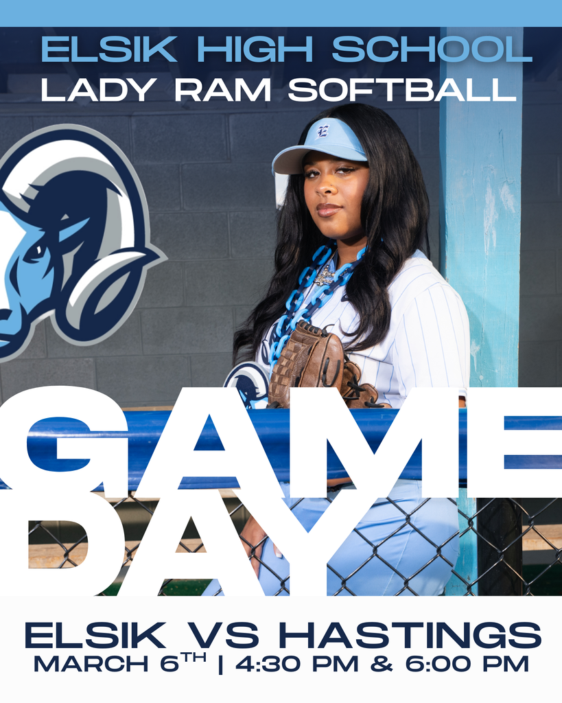 Lady Ram softball player in uniform and hat against a blue and white school logo and "GAME DAY" text.