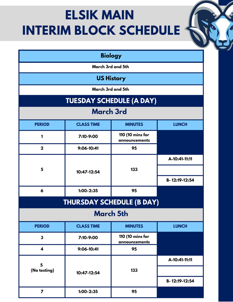 A schedule with blue and white stripes lists biology and US history classes for March 3rd and 5th.