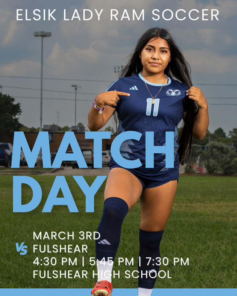 A woman soccer player points with one hand on a field. She wears a blue uniform. The text reads "Match Day" and "March 3rd".