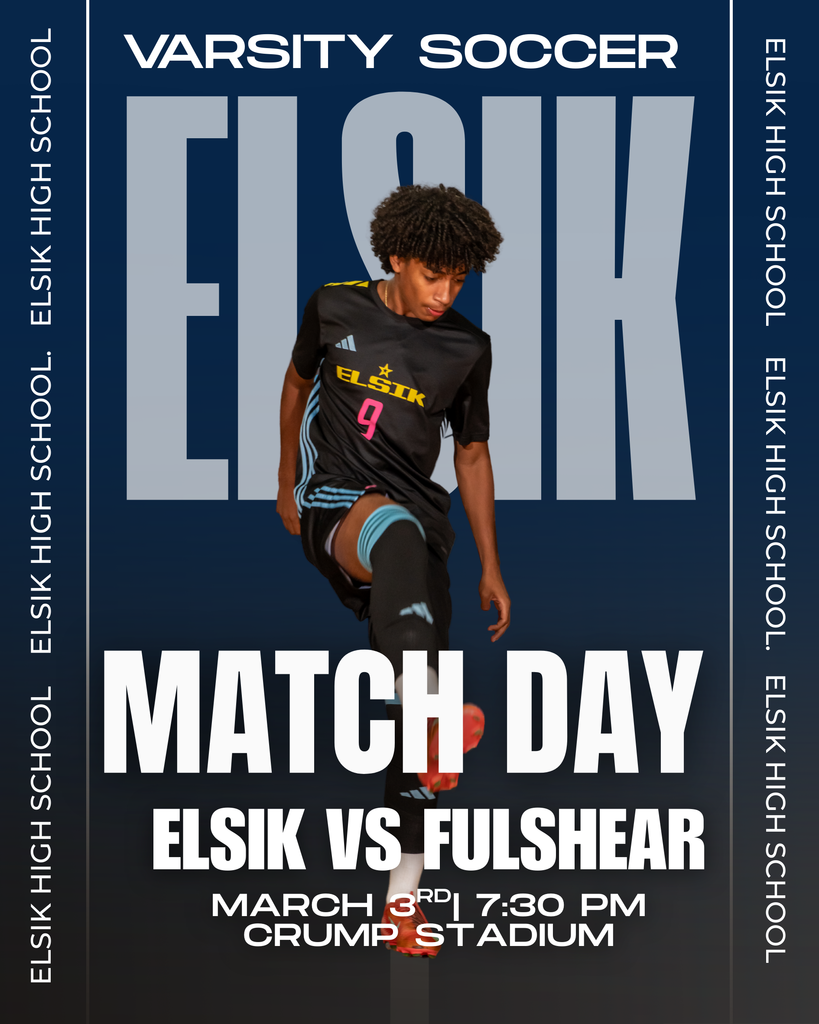 Poster for a soccer match between Elsik High School and Fulshear. A player in a black jersey jumps.